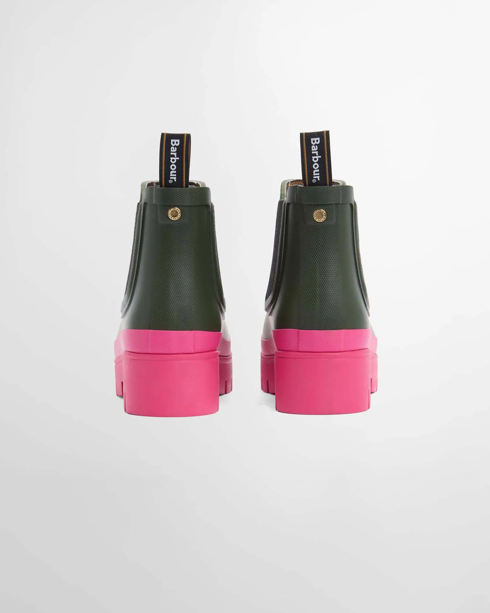 Stivaletti verde militare in gomma modello Halton Barbour con suola alta in gomma fucsia