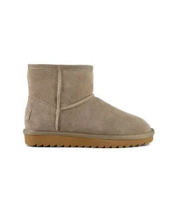 Stivaletto color taupe in pelle scamosciata con gambale medio e fodera interna in pelo di misto lana