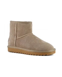 Stivaletto color taupe in pelle scamosciata con gambale medio e fodera interna in pelo di misto lana