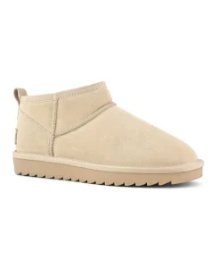 Stivaletto ultra basso color sabbia in pelle scamosciata con fodera interna in pelo di misto lana tono su tono