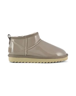Stivaletto ultra basso color taupe in tessuto spalmato effetto lucido con interno in pelo di misto lana