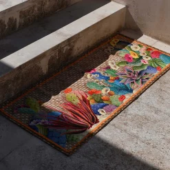 Tappeto beige 52x180cm in materiale riciclato a stampa Kactus multicolore e motivo intrecciato