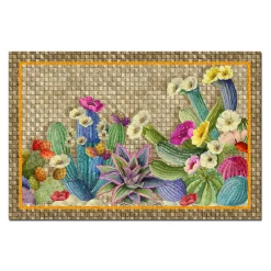 Tappeto beige 52x120cm in materiale riciclato a stampa Kactus multicolore e motivo intrecciato