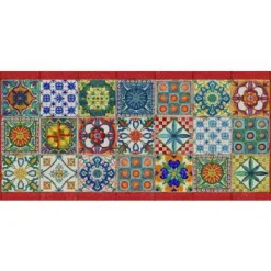 Tappeto Camastra a fantasia piastrelle siciliane multicolor e bordo rosso 52x120 cm