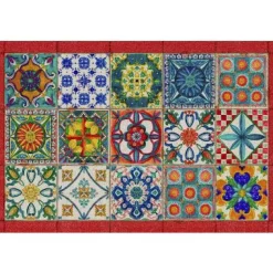 Tappeto Camastra a fantasia piastrelle siciliane multicolor e bodo rosso 52x80 cm