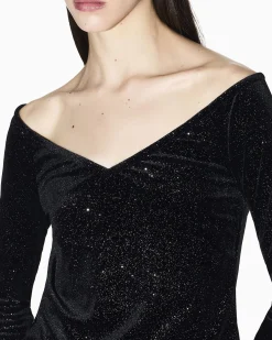 Top Armani Exchange nero in tessuto elasticizzato effetto velluto con dettagli glitterati