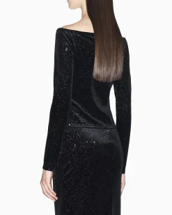 Top Armani Exchange nero in tessuto elasticizzato effetto velluto con dettagli glitterati