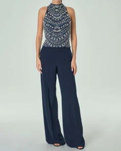 Top blu in tulle senza maniche con ricamo all over in perline a motivo floreale