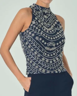 Top blu in tulle senza maniche con ricamo all over in perline a motivo floreale