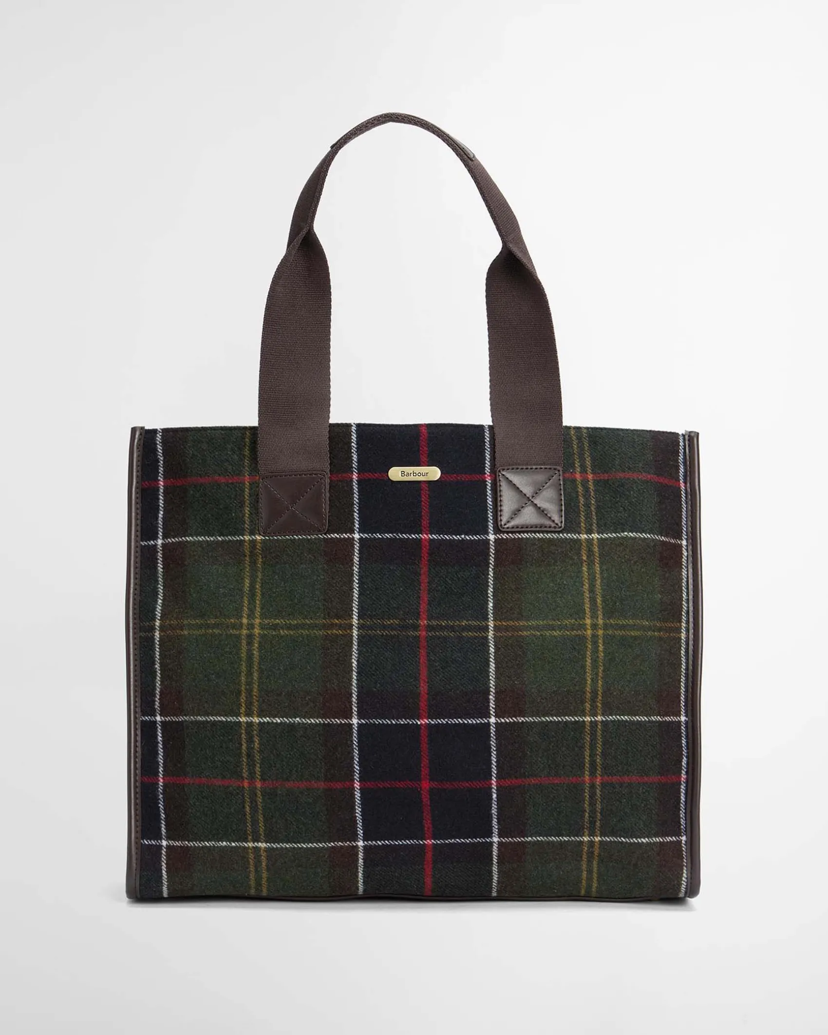 Tote bag Barbour Turnberry in tartan verde e blu di misto lana con manici marroni rifiniti in similpelle