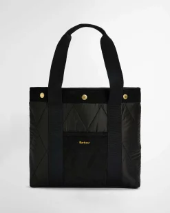 Tote bag Healy Barbour nera in tessuto trapuntato a rombi con tasca esterna in velluto a costine