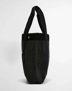 Tote bag Healy Barbour nera in tessuto trapuntato a rombi con tasca esterna in velluto a costine