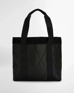 Tote bag Healy Barbour nera in tessuto trapuntato a rombi con tasca esterna in velluto a costine
