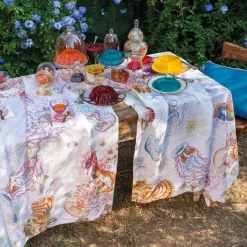 Tovaglia rettangolare in canapa bianca 170x310cm a stampa meduse e cavallucci marini