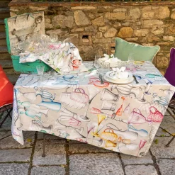 Tovaglia rettangolare in cotone color ecrù 160x230cm a stampa bicchieri multicolore