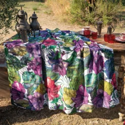 Tovaglia rettangolare in canapa bianca 160x230cm a stampa fiori karkadè multicolore