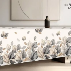 Tovaglia rettangolare per 12 persone in cotone a fantasia foglie grigia e beige