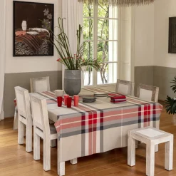 Tovaglia rettangolare per 8 persone in cotone a fantasia tartan beige rossa e grigia