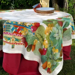 Tovaglia rettangolare 160x230cm in lino avorio a stampa fichi d'India multicolore