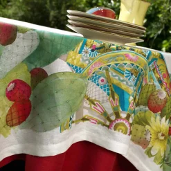 Tovaglia rettangolare 160x230cm in lino avorio a stampa fichi d'India multicolore