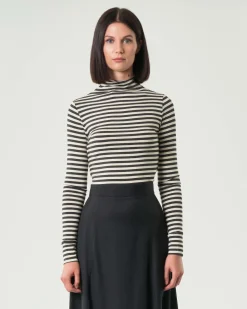 T-shirt a collo alto bianca a righe antracite Emme Marella a maniche lunghe in viscosa stretch