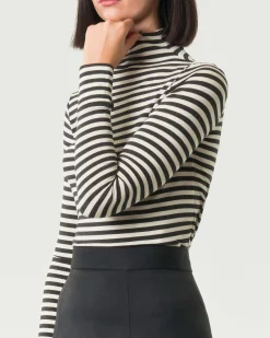 T-shirt a collo alto bianca a righe antracite Emme Marella a maniche lunghe in viscosa stretch