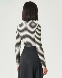 T-shirt a collo alto bianca a righe antracite Emme Marella a maniche lunghe in viscosa stretch