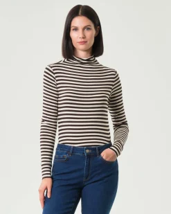 T-shirt a collo alto color panna a righe marroni Emme Marella a maniche lunghe in viscosa stretch