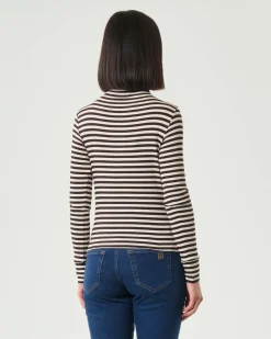 T-shirt a collo alto color panna a righe marroni Emme Marella a maniche lunghe in viscosa stretch