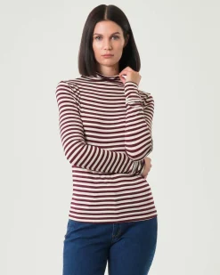 T-shirt a collo alto color panna a righe bordeaux Emme Marella a maniche lunghe in viscosa stretch