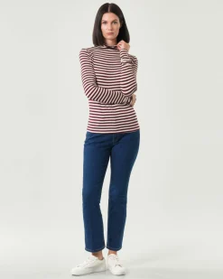 T-shirt a collo alto color panna a righe bordeaux Emme Marella a maniche lunghe in viscosa stretch
