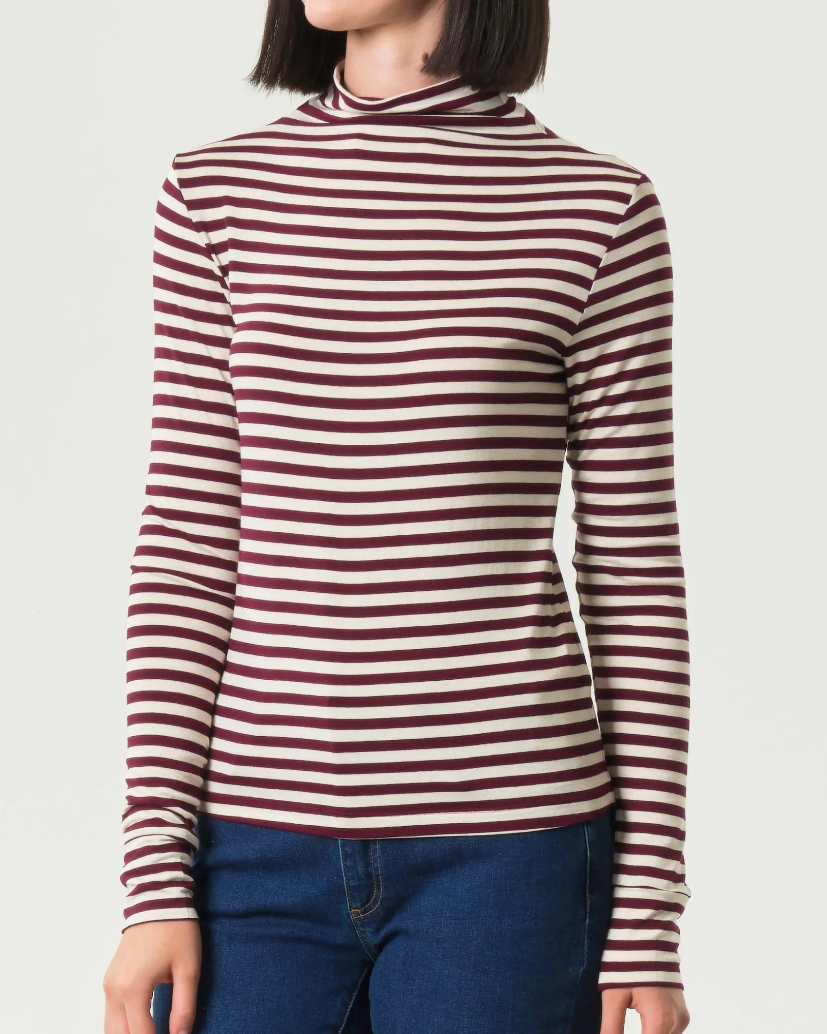T-shirt a collo alto color panna a righe bordeaux Emme Marella a maniche lunghe in viscosa stretch