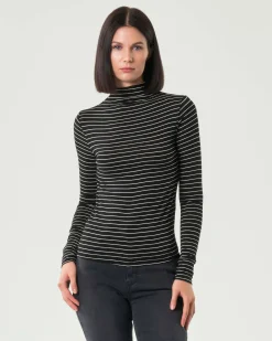 T-shirt a collo alto nera a righe bianche Emme Marella a maniche lunghe in viscosa stretch