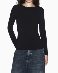 T-shirt a manica lunga Armani Exchange nera in jersey di cotone elasticizzato