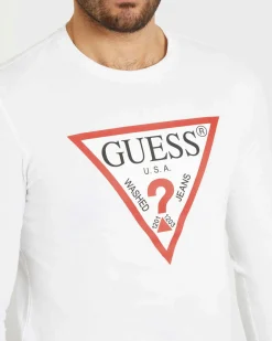 T-shirt a manica lunga Guess bianca in cotone con maxi logo triangolo stampato