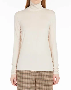 T-shirt a maniche lunghe color panna in jersey di viscosa a collo alto