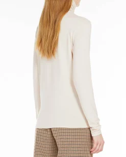 T-shirt a maniche lunghe color panna in jersey di viscosa a collo alto
