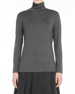 T-shirt a maniche lunghe color antracite in jersey di viscosa a collo alto