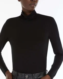 T-shirt a maniche lunghe nera in jersey di viscosa a collo alto