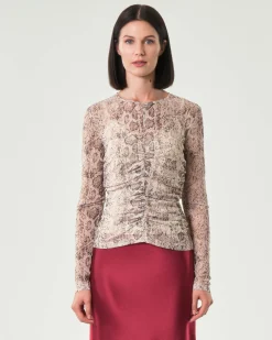T-shirt aderente a maniche lunghe Emme Marella in tulle a fantasia pitonata beige con arricciatura sul davanti
