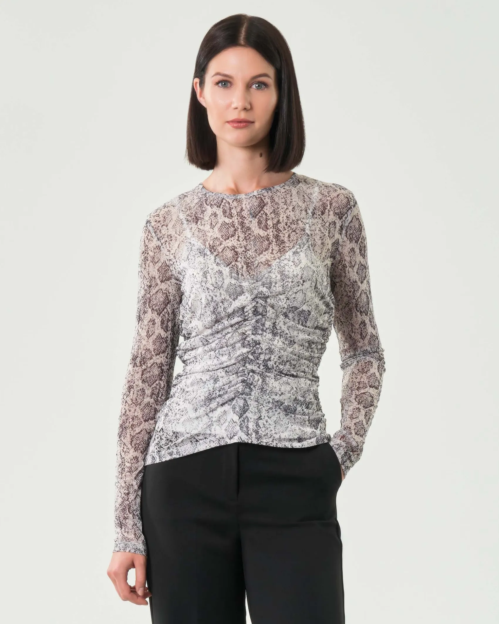 T-shirt aderente a maniche lunghe Emme Marella in tulle a fantasia pitonata con arricciatura sul davanti