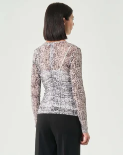 T-shirt aderente a maniche lunghe Emme Marella in tulle a fantasia pitonata con arricciatura sul davanti
