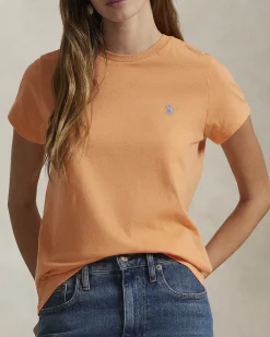 T-shirt arancione girocollo in cotone con logo azzurro ricamato