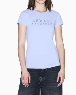 T-shirt Armani Exchange azzurra in jersey di cotone elasticizzato con dettagli in maglia