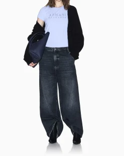 T-shirt Armani Exchange azzurra in jersey di cotone elasticizzato con dettagli in maglia