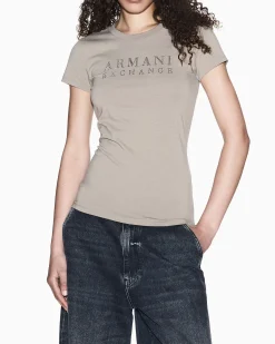 T-shirt Armani Exchange beige in jersey misto cotone elasticizzato con dettagli in maglia