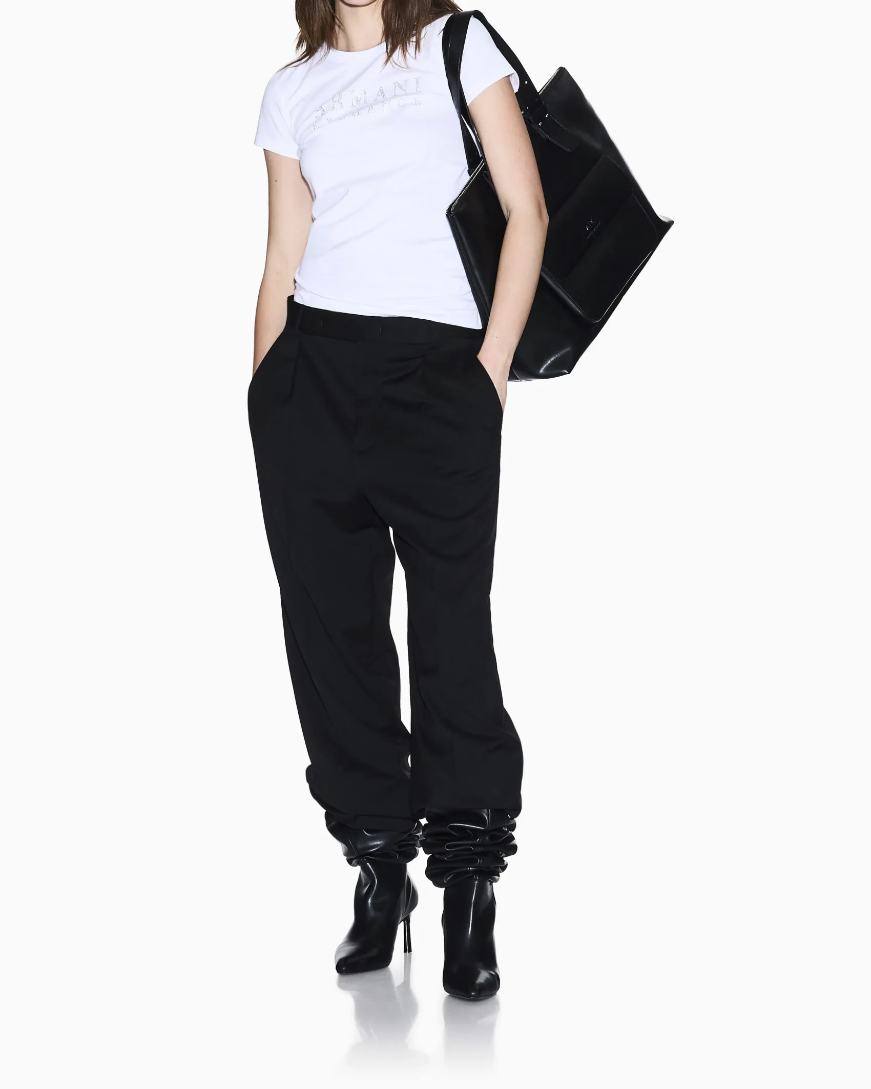 T-shirt Armani Exchange bianca in jersey di cotone elasticizzato con dettagli in maglia