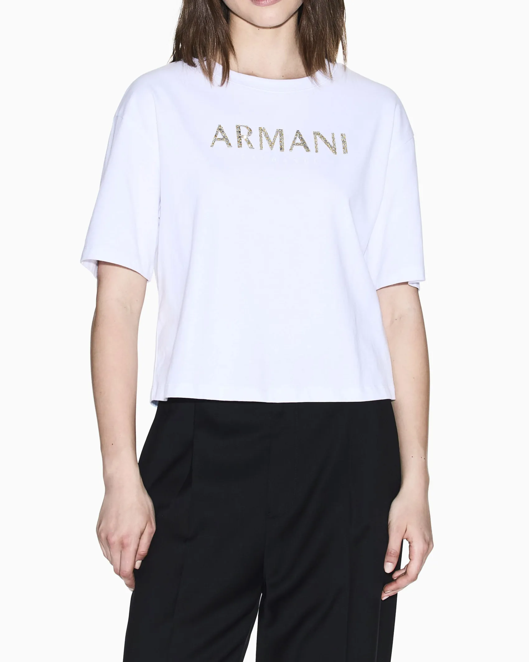 T-shirt Armani Exchange bianca in cotone con logo in strass oro e argento sul davanti