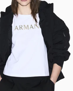 T-shirt Armani Exchange bianca in cotone con logo in strass oro e argento sul davanti