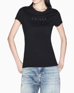 T-shirt Armani Exchange nera in cotone con logo in rilievo
